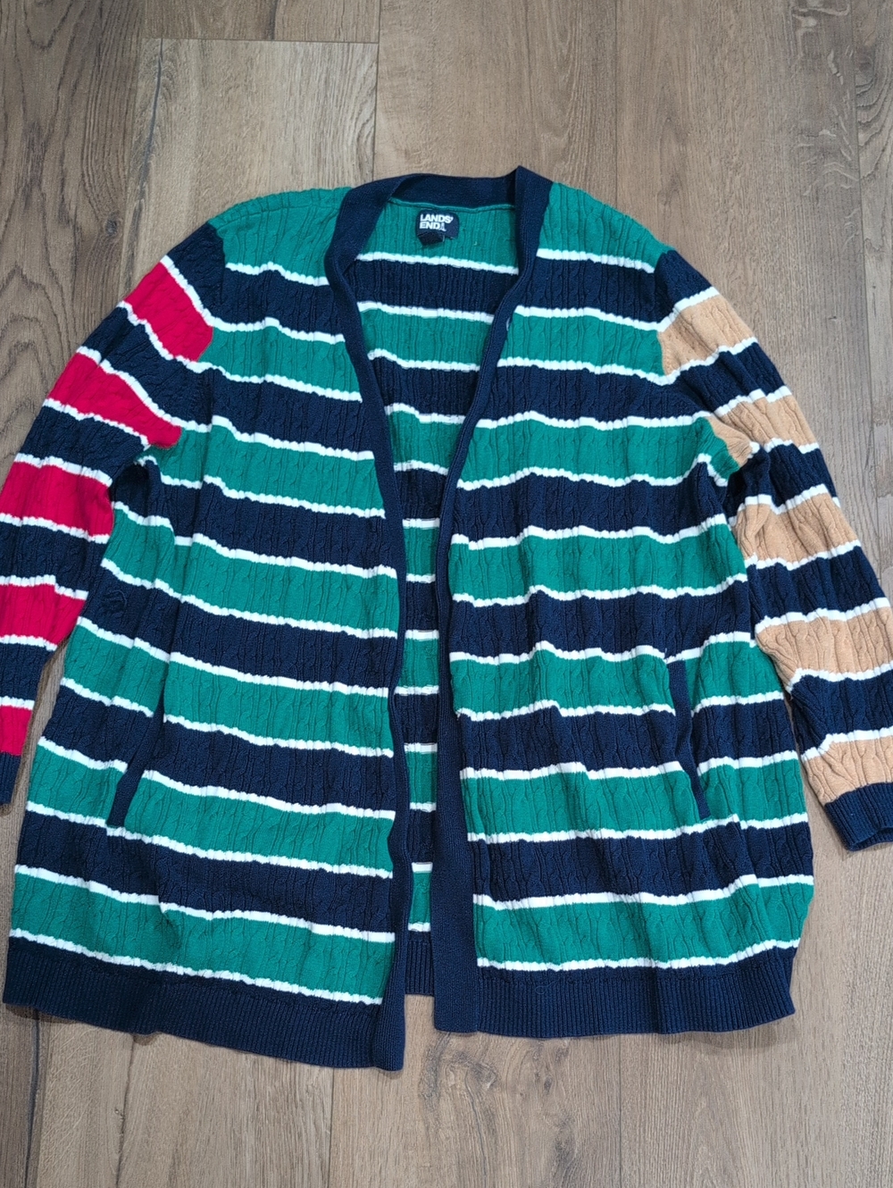 Lands' End Striped Open-Front Cardigan in Green, Navy, Red & Tan
